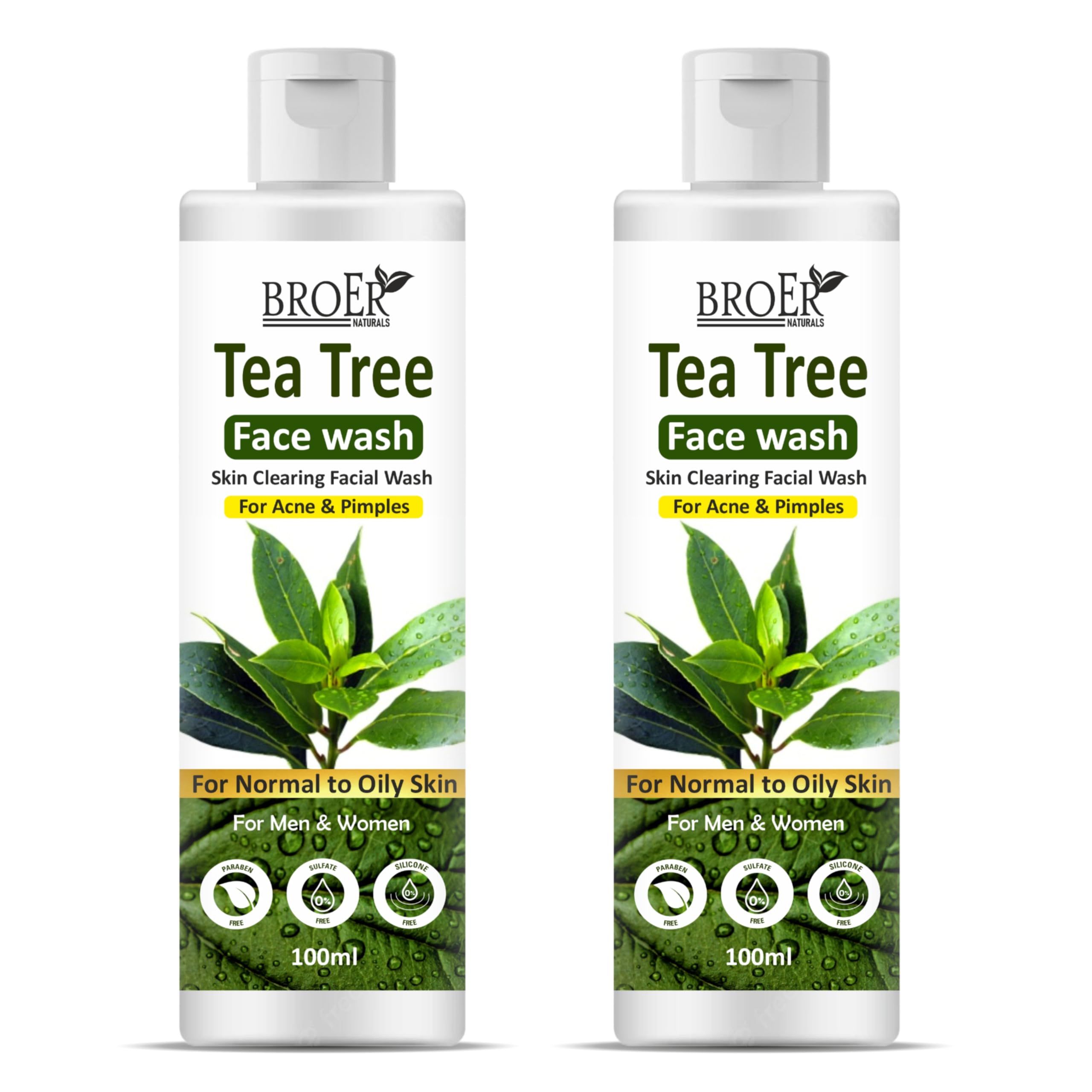 BROER Tea Tree Face Wash for Acne & Pimples Control - Deep Cleansing, Anti-Acne, Paraben-Free | Natural Tea Tree Cleanser for Normal & Dry Skin | 100ml Each (Pack of 2) 200ml | Perfect for Daily Skincare Routine & Acne-Prone Skin Treatment