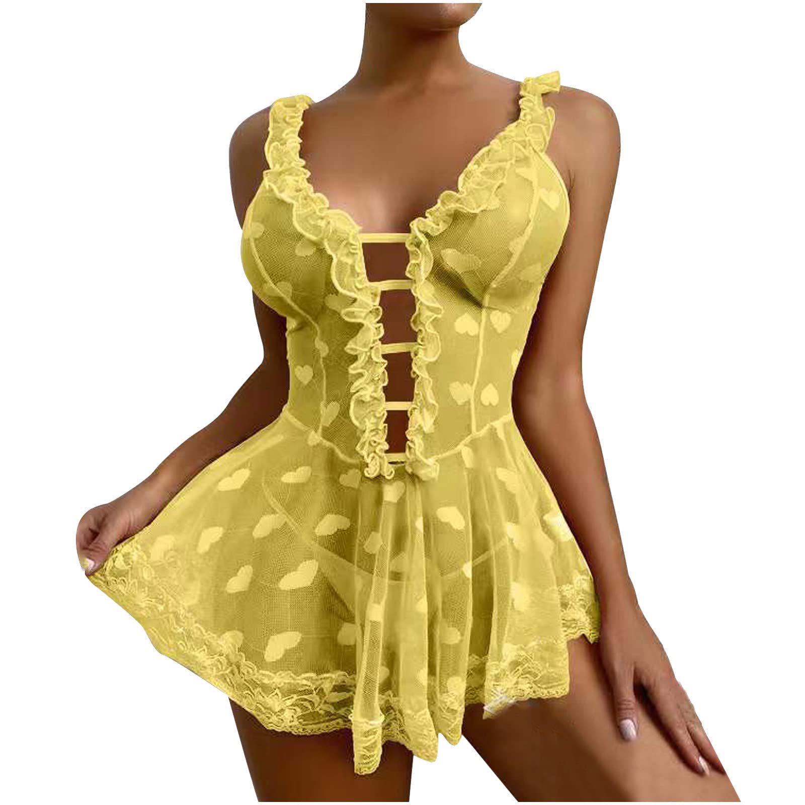 Sexy Lace Mesh Nightdress with Heart Print - Elegant Women's Sleepwear for Valentine's Day, Anniversary & Romantic Nights - Perfect Housewarming Gift for Her