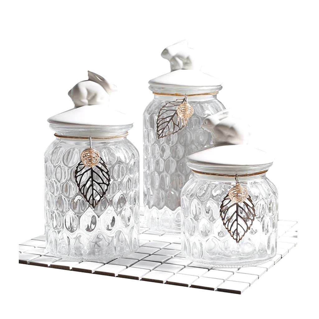 Glass Food Storage Containers with Ceramic Bunny Lid - Airtight Kitchen Canisters Set of 3 for Candy, Tea, Coffee & Dry Goods - Clear Pantry Organizer Jars for Baking, Cooking & Home Organization