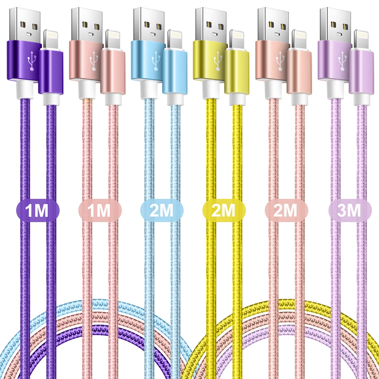 MAIMEITE 6-Pack MFi Certified Lightning Cable [1M/2M/3M] - Fast Charging Braided USB Cable for iPhone 14/13/12/11/Pro Max/Xr/X/8/7/6 Plus & iPad - Durable Charger for Home, Office & Travel
