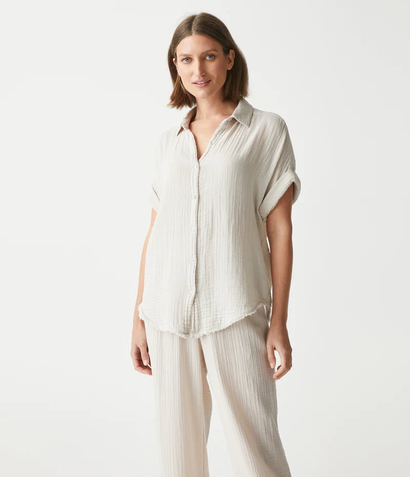 Bailey Gauze Button Down Shirt for Women - Soft Breathable Casual Blouse in Cement Color - Perfect for Office, Weekend Outings and Summer Travel