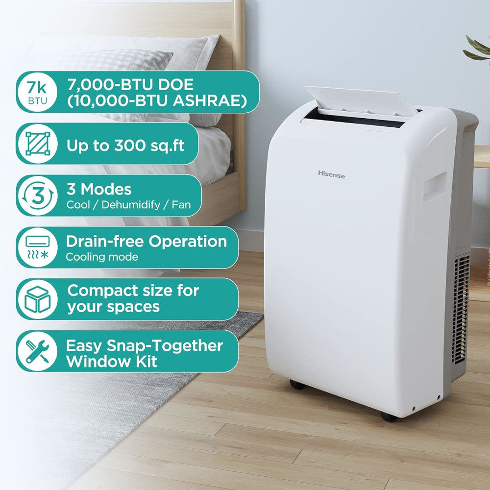 Hisense 10,500 BTU (7,000 BTU SACC) 3-in-1 Portable Air Conditioner for Rooms Up to 300 Sq Ft - Home Essentials Warranty - Perfect for Bedrooms, Living Rooms & Small Offices