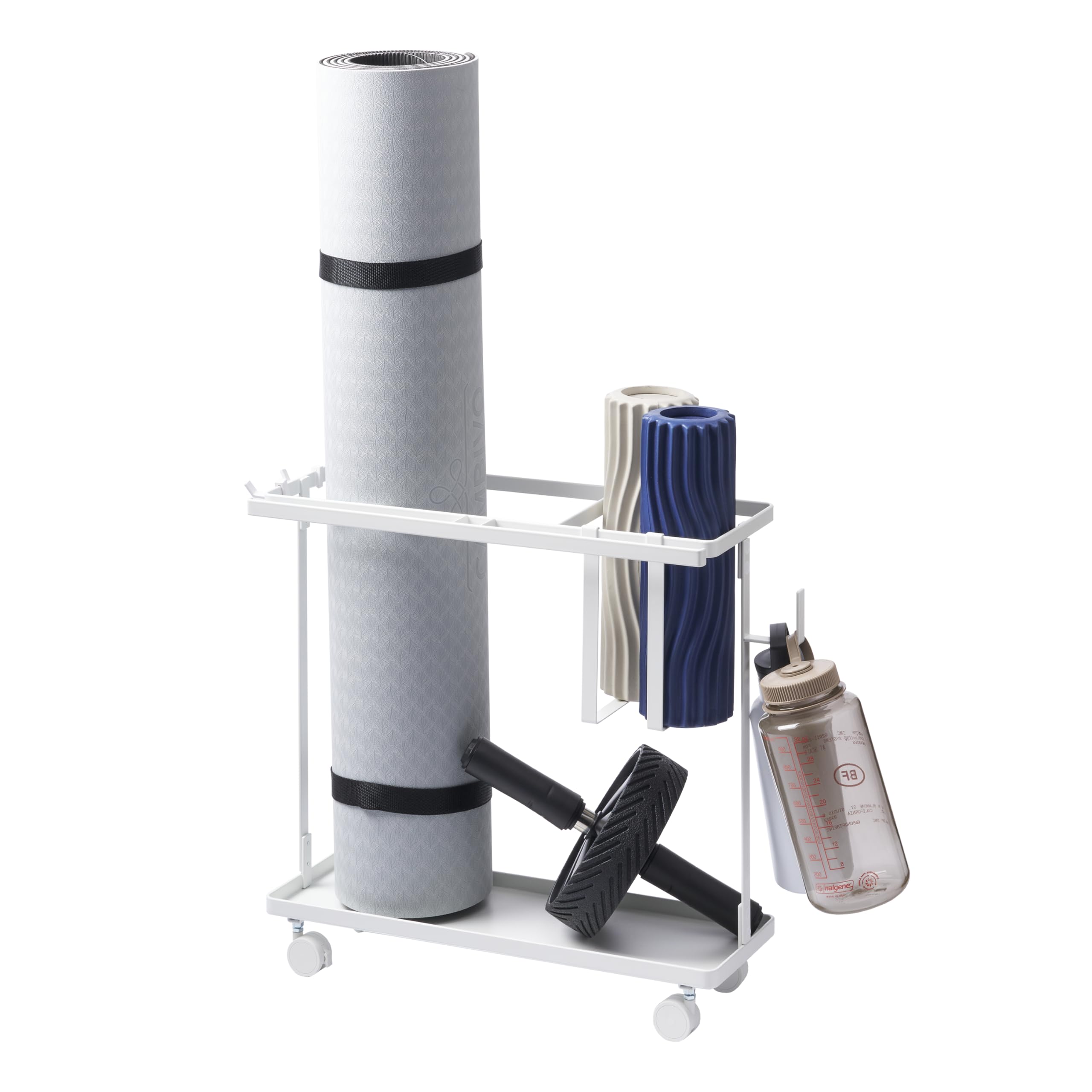 Yamazaki Home Slim Rolling Fitness Rack with Adjustable Holder - Steel Storage Organizer with Casters & Hooks for Gym Equipment - Perfect for Home Workout Spaces & Garage Organization