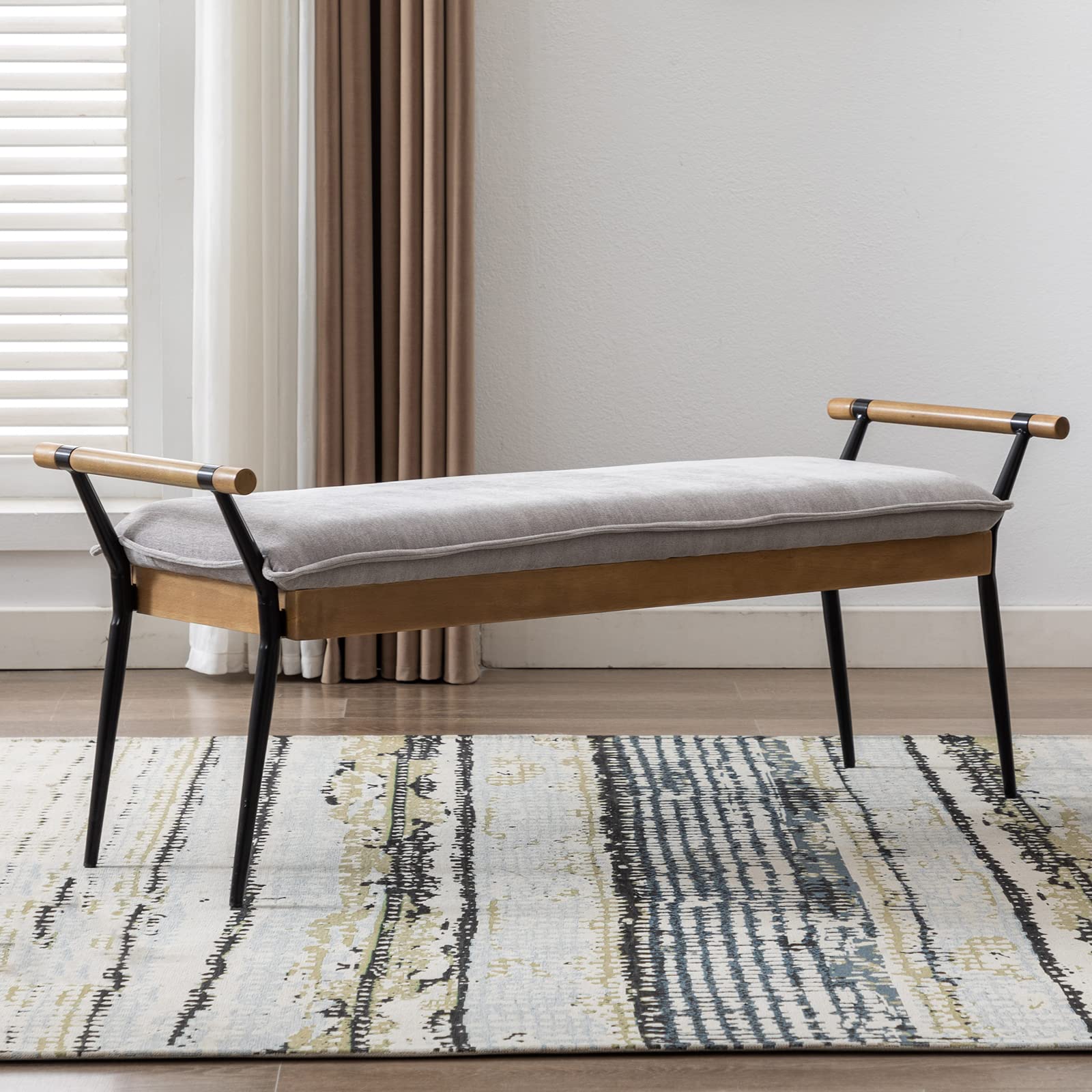 Modern Rectangle Ottoman Bench with Arms & Metal Legs - Mid Century Chenille Fabric Dining Table Bench, Entryway Shoe Storage, Footstool for Living Room, Bedroom, Dining Room - Grey | Perfect for Small Spaces, Hallway Seating & Home Decor