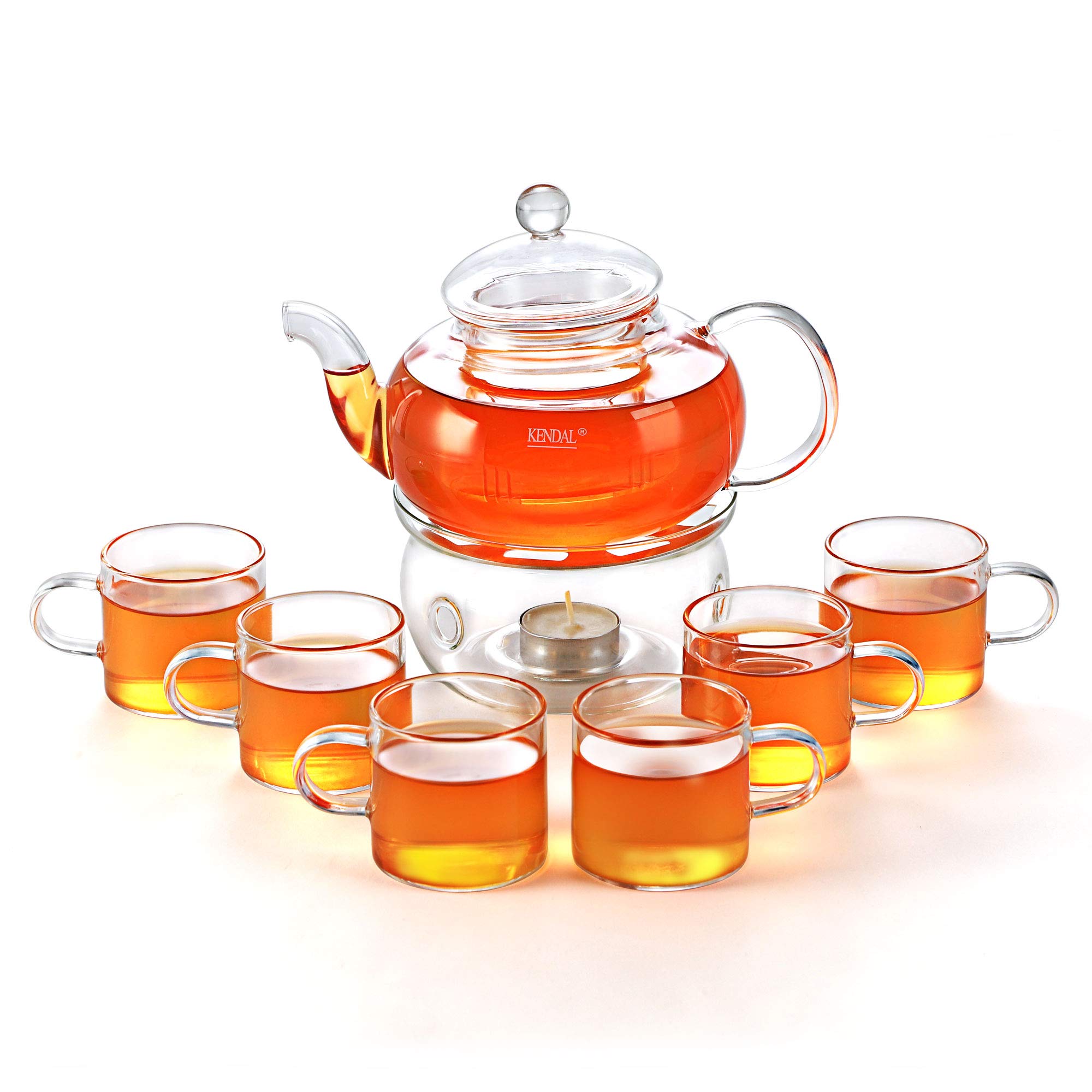 27 oz Glass Tea Infuser Teapot with Warmer & 6 Handle Tea Cups (4.35 oz) - Perfect for Loose Leaf Tea Brewing, Afternoon Tea Parties & Home Entertaining