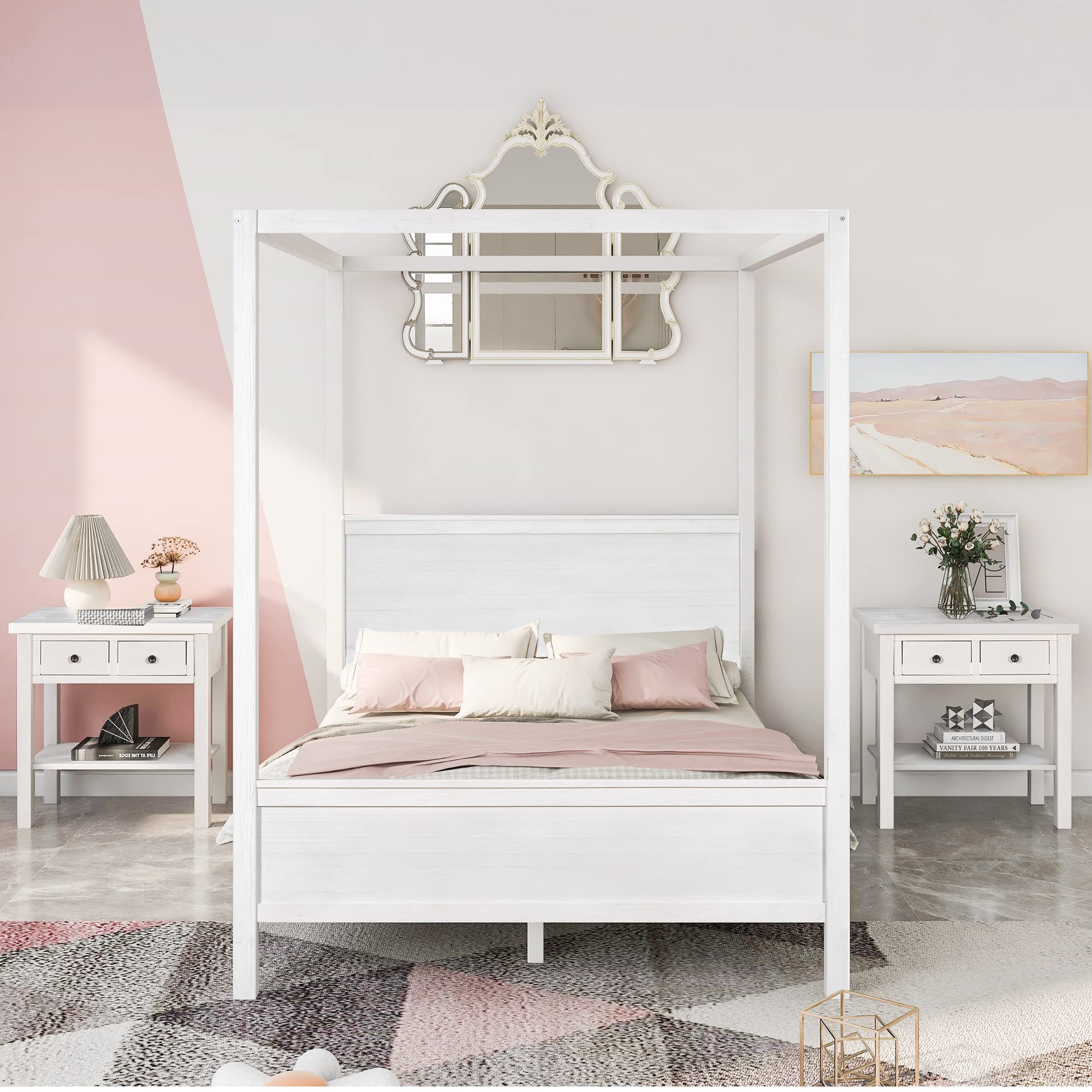Queen Size Wood Canopy Bed with 2 Nightstands - Modern Kids Bedroom Set for Girls, Boys & Teens - White Finish - Perfect for Bedroom Decor & Sleepovers