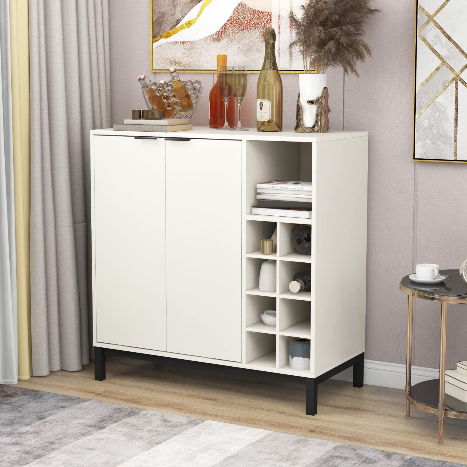 Modern White Sideboard Buffet Cabinet with Wine Racks & Coffee Bar - 34