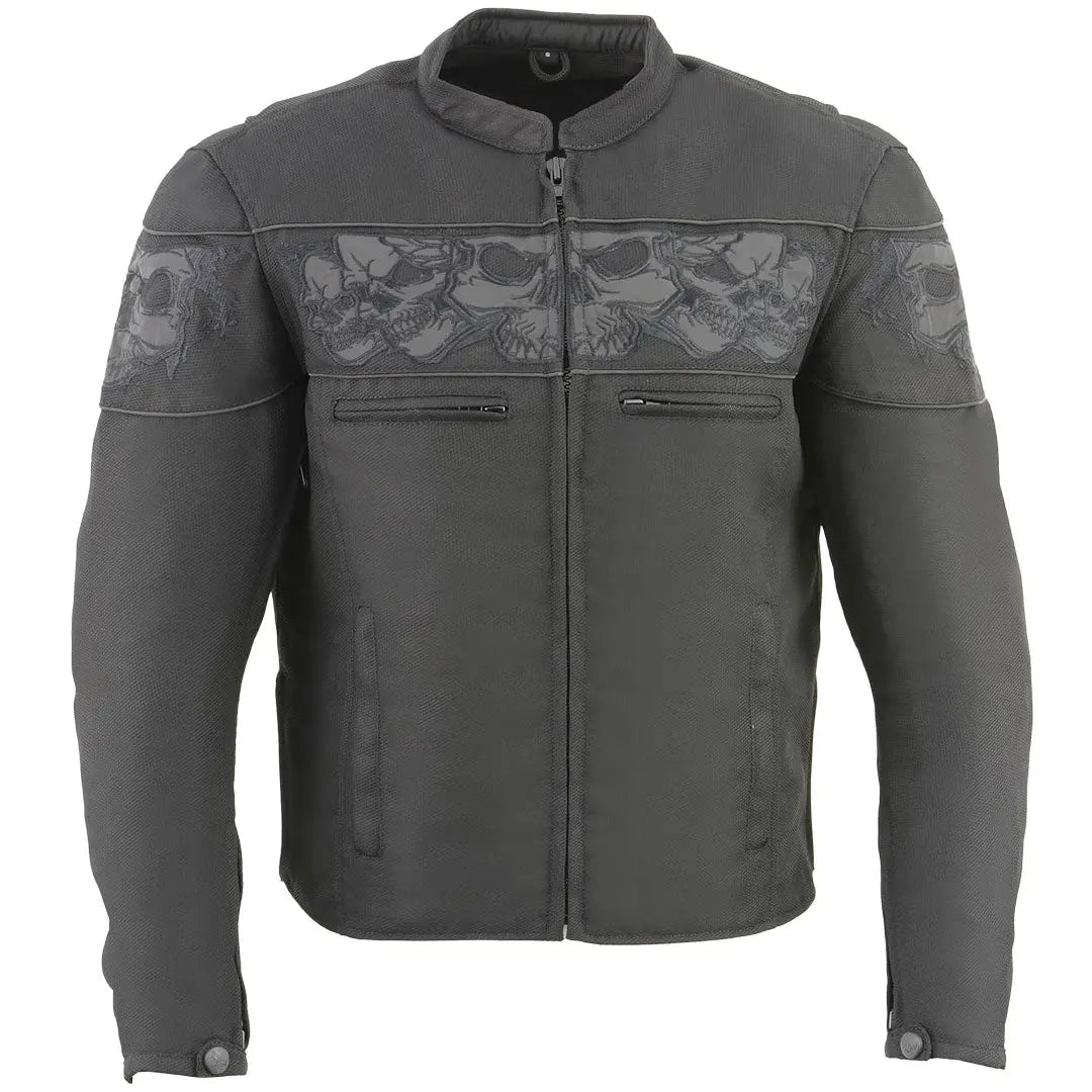Open Road Men's Reflective Skull Cordura Motorcycle Jacket - High Visibility Biker Gear for Night Riding & Safety Protection
