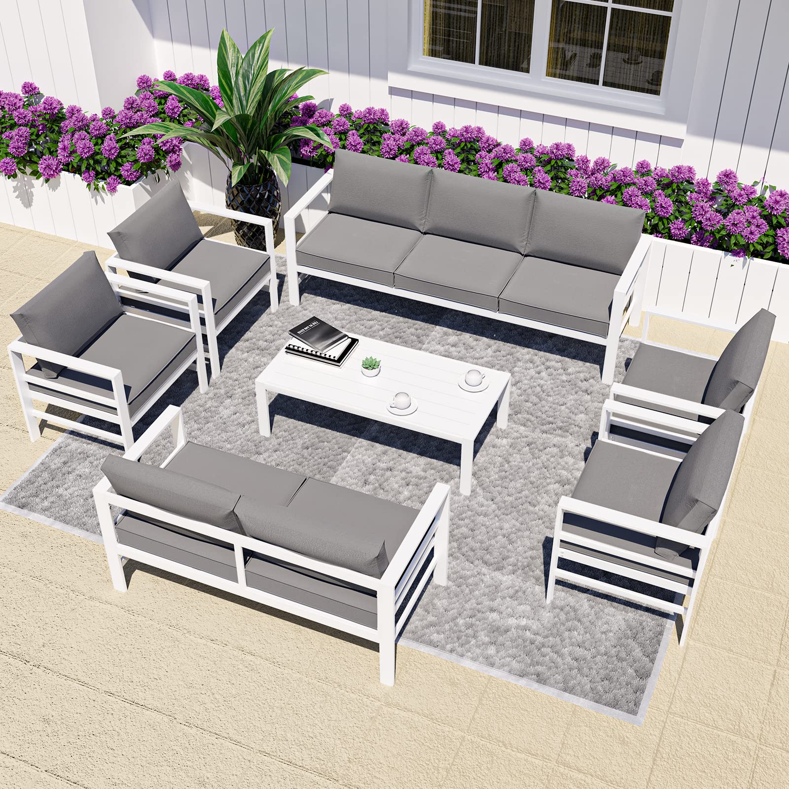 7-Piece White Cast Aluminum Outdoor Patio Furniture Set with Removable Cushions & Coffee Table - Modern Metal Conversation Sectional Sofa for Garden, Poolside & Backyard Relaxation