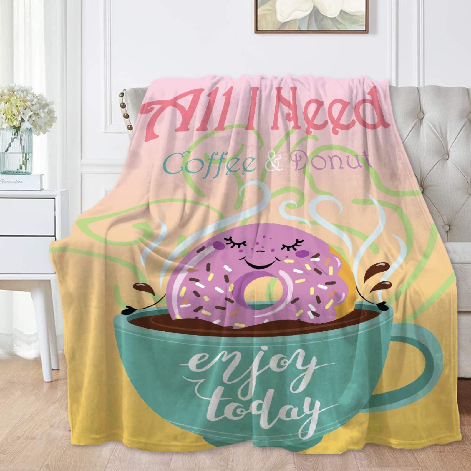 Soft Flannel Fleece Blanket - SANBOBO All I Need is Coffee and Donut Design, 120x90 Inch Oversized Microfiber Throw for Couch, Bed & Sofa - Lightweight Cozy Blanket for Family, Home Decor & Gift Giving