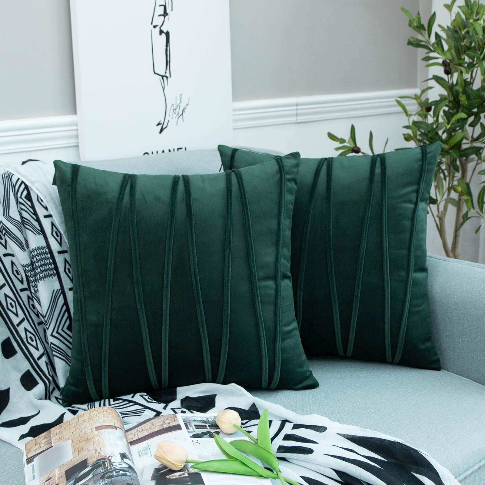 JUSPURBET Velvet Striped Throw Pillow Covers - Set of 2 (22x22 Inches) - Soft Decorative Cushion Covers for Sofa, Couch & Bed - Army Green - Perfect for Living Room, Bedroom & Home Decor