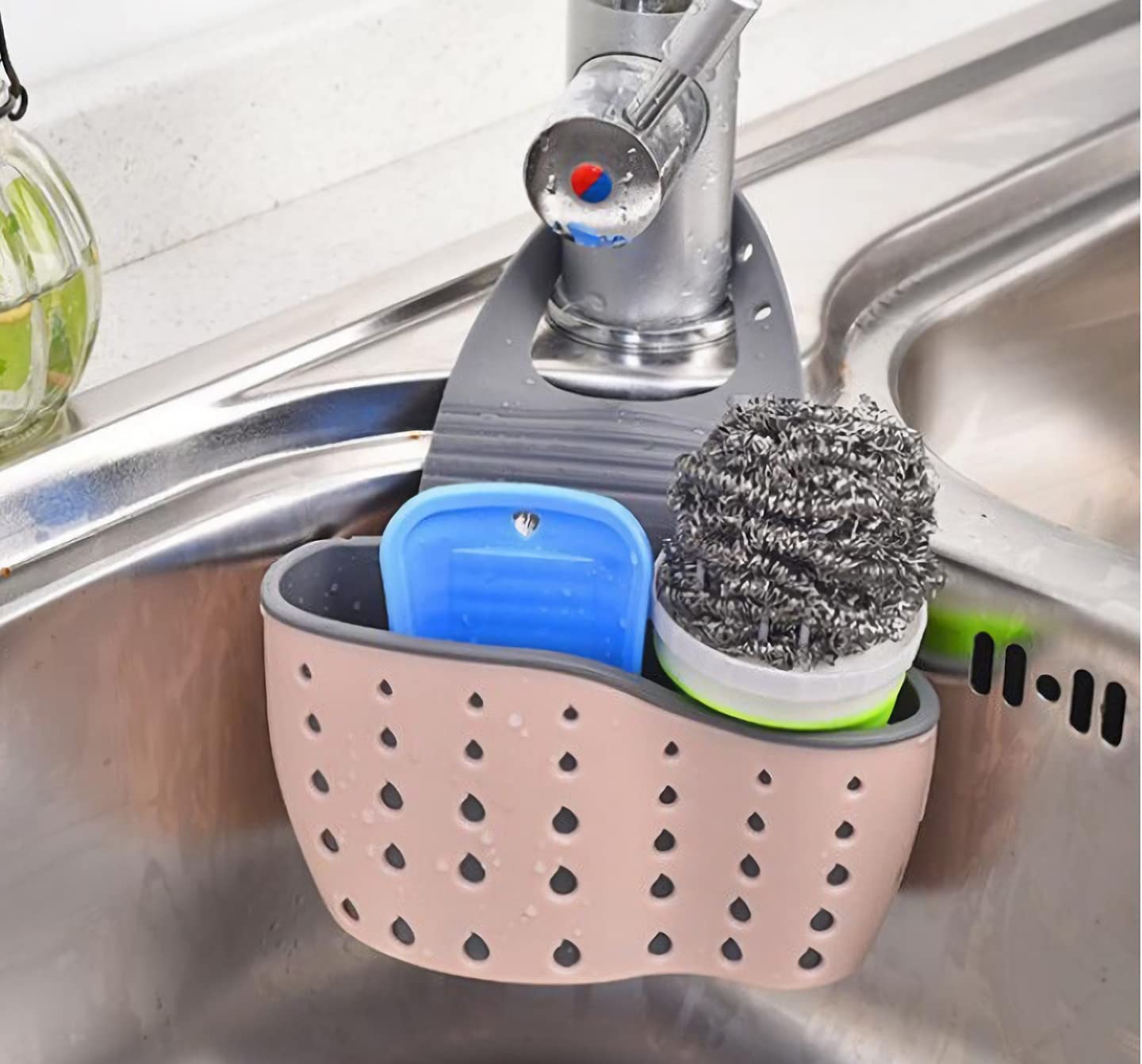 Double Decker Sink Caddy Sponge Holder with Drain Hole - Hanging Kitchen Faucet Organizer Basket in Light Pink | Perfect for Kitchen Sink Organization & Dishwashing Accessories Storage