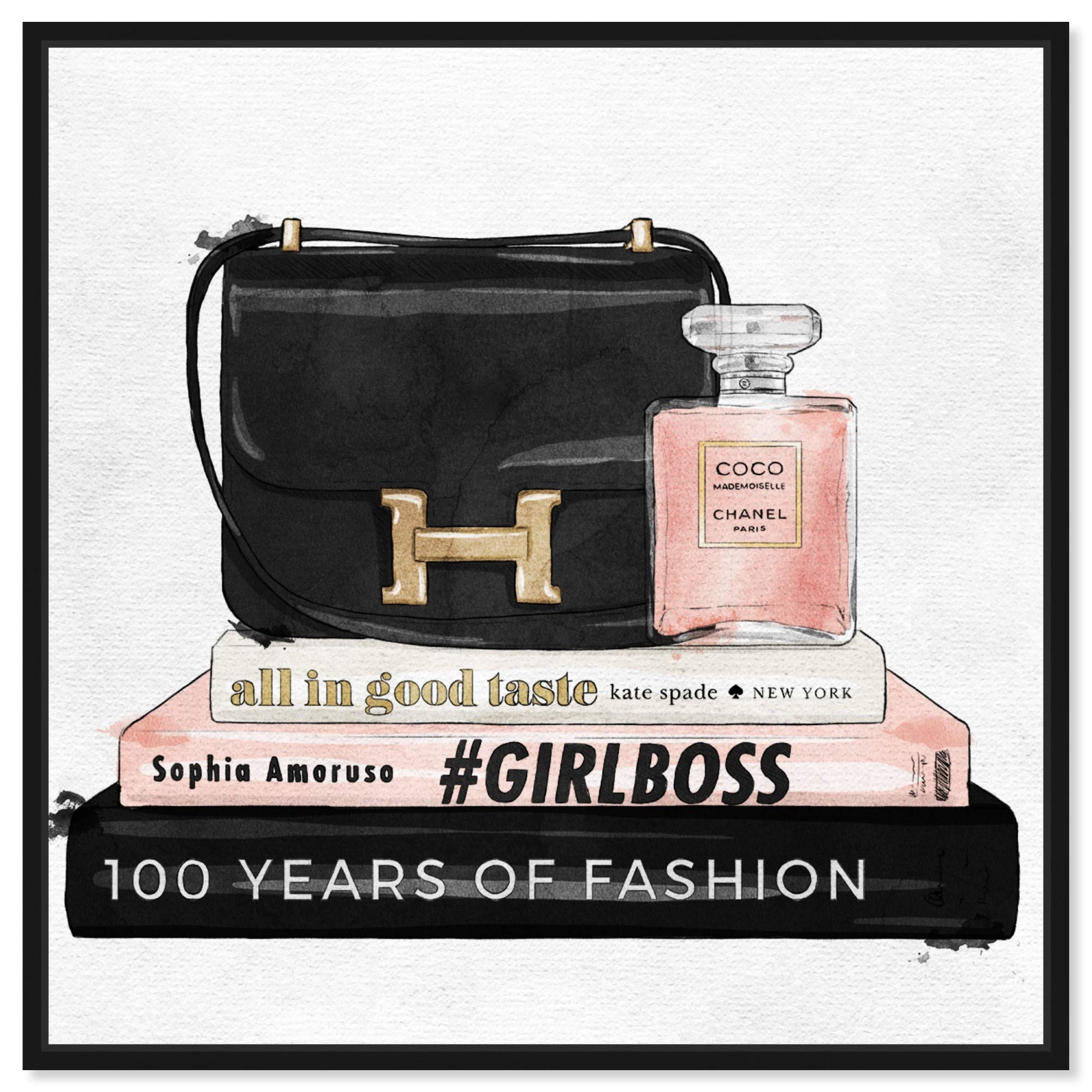 Oliver Gal Artist Co. 'My Always Essentials' Fashion Glam Wall Art - 24x24 Inch Framed Canvas Print in Black & Pink - Perfect for Handbag Lover Home Décor & Bedroom/Office Wall Decor