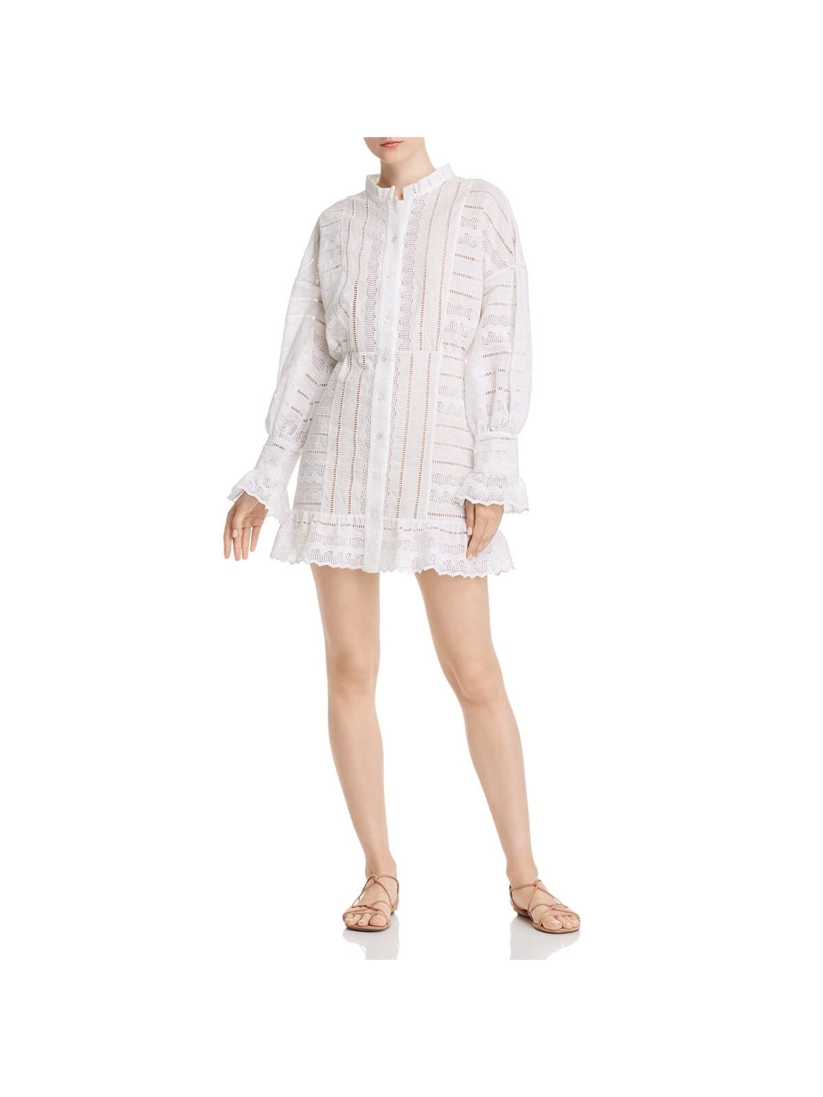 PAPER London Women's White Lace Button Down Long Sleeve Crew Neck Mini Fit & Flare Dress - Elegant Office Wear & Wedding Guest Outfit