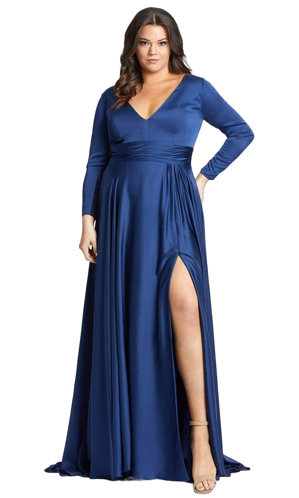 Mac Duggal 55290 Pleated Band A-Line Slit Dress in Midnight Blue - Size 22W | Elegant Plus Size Evening Gown for Weddings, Galas & Special Occasions