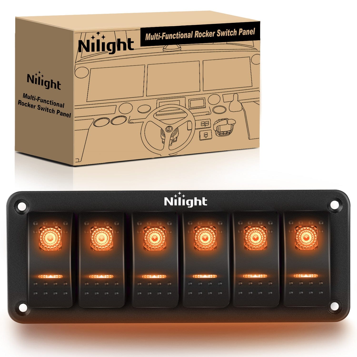 6 Gang Aluminum 5 Pin ON/Off Rocker Switch Panel with Orange LED - Perfect for Marine, RV, Truck, and Boat Electrical Control Systems