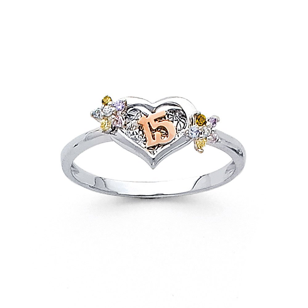 14K White Gold 15th Birthday Quinceañera Heart Cubic Zirconia Ring - Elegant Anniversary & Sweet 16 Gift for Teen Girls, Perfect for Prom, Graduation and Special Occasions