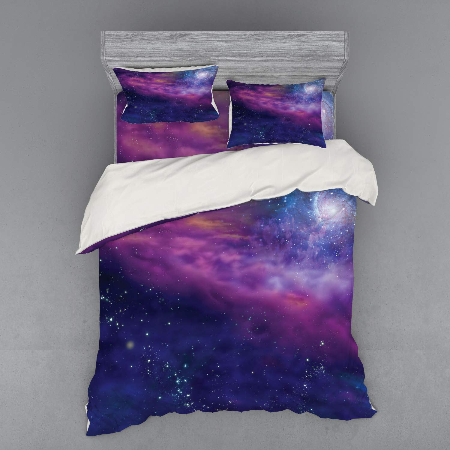 Ambesonne Outer Space Duvet Cover Set - Queen Size 4-Piece Bedding with Shams & Fitted Sheet | Milky Way Galaxy Print with Star Clusters & Solar Elements in Purple Blue | Perfect for Astronomy Lovers' Bedrooms & Space-Themed Decor