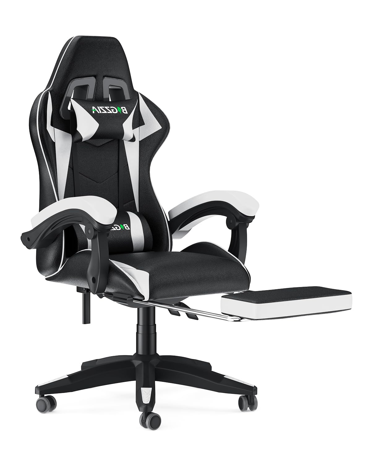 Premium Gaming Chair with Adjustable Footrest & Lumbar Support - Ergonomic High Back Computer Game Chair for Adults & Kids - Racing Style Reclining Office Chair with Headrest (White-Black) - Perfect for Esports, Streaming & Home Office Setup