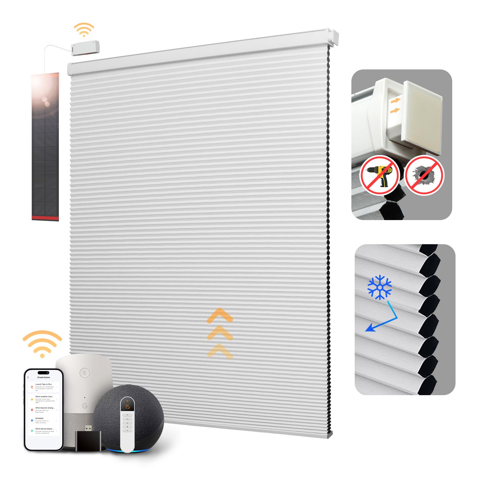 CINONEKO Cordless Smart Honeycomb Shades with Remote - No Drill Motorized Cellular Blinds, Blackout Electric Window Coverings, Free Solar Panel, White 23x64 - Perfect for Bedrooms, Living Rooms & Home Offices
