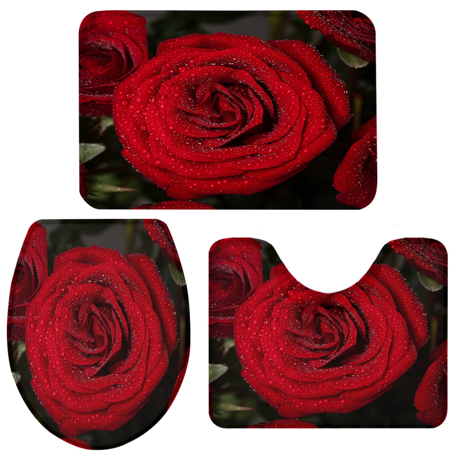 Valentine's Day 3-Piece Bath Rug Set - Non-Slip Water Absorbent U-Shaped Contour Toilet Mat with Red Rose Flowers & Dew Toilet Lid Cover - Perfect for Bathroom Decor, Romantic Gifts & Valentine's Day Presents