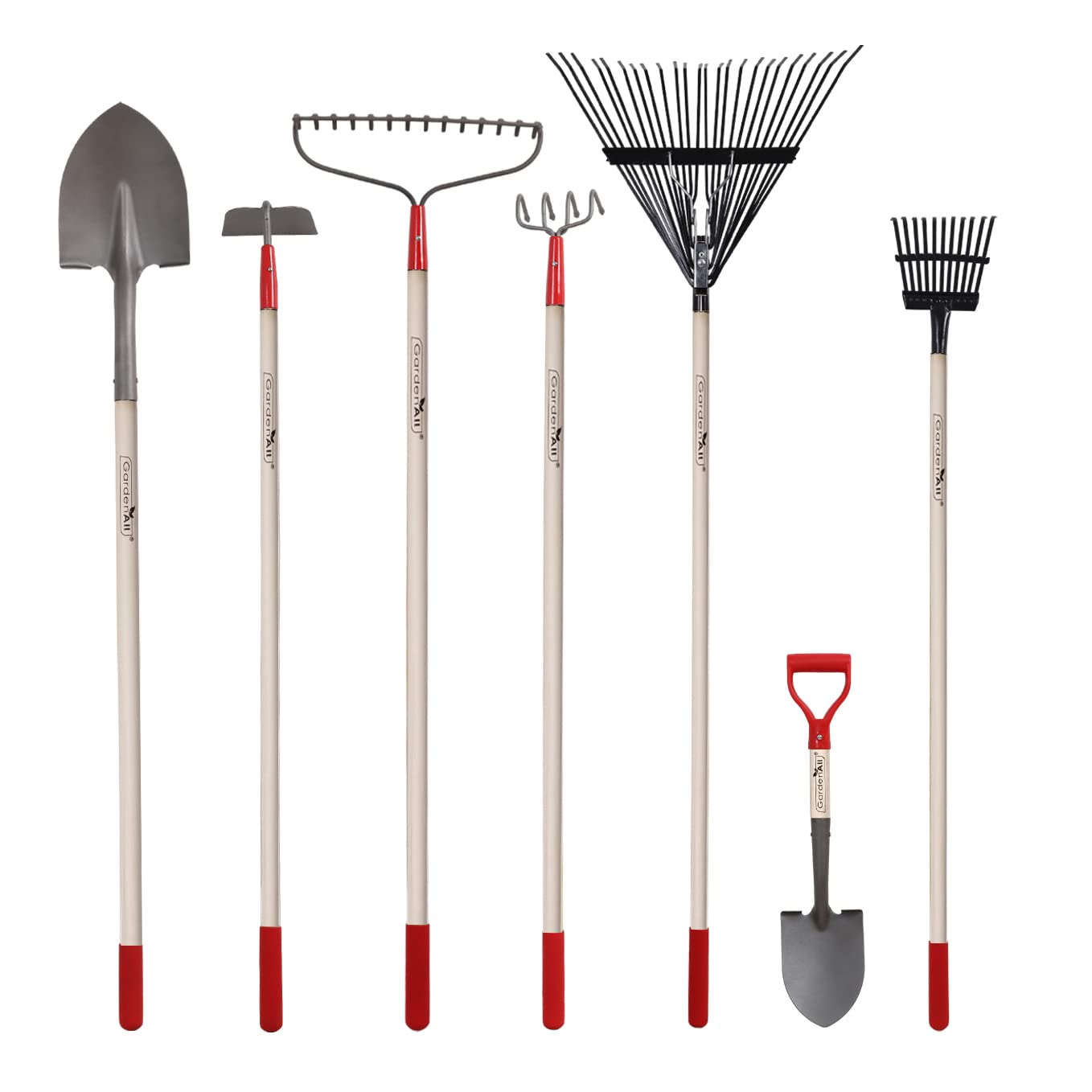 **GardenAll 7-Piece Garden Tool Set - Shovels, Rakes & Hoe with Long Wooden Handles - Durable Metal Digging Tools for Women & Men - Perfect for Planting, Weeding & Landscaping**