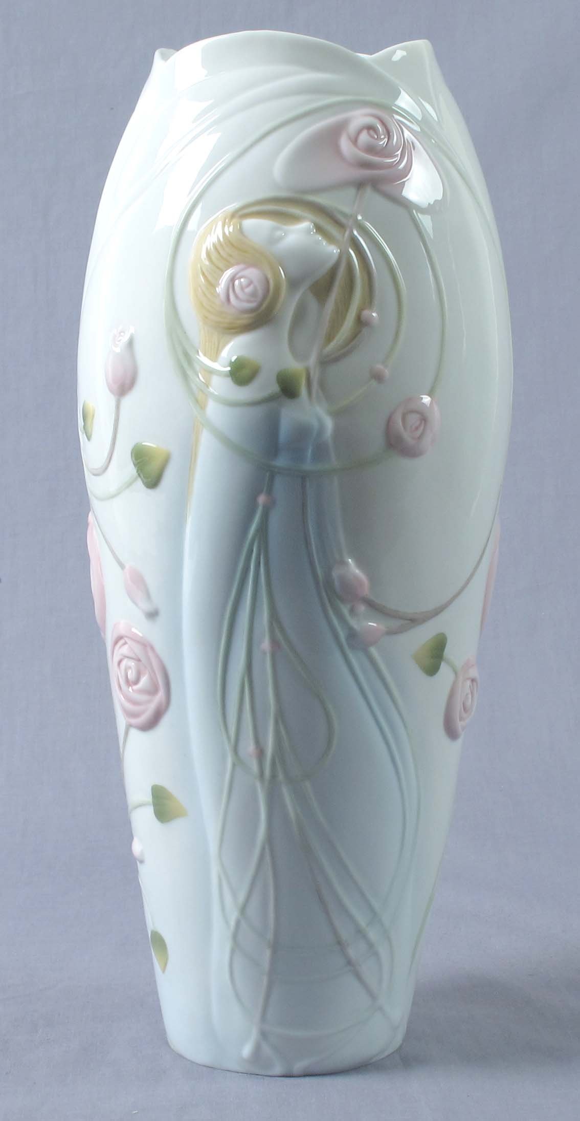 11.75 Inch Art Nouveau Porcelain Vase with Nymph Roses & Scrolls - Elegant Home Decor for Living Room, Dining Table, or Wedding Centerpiece