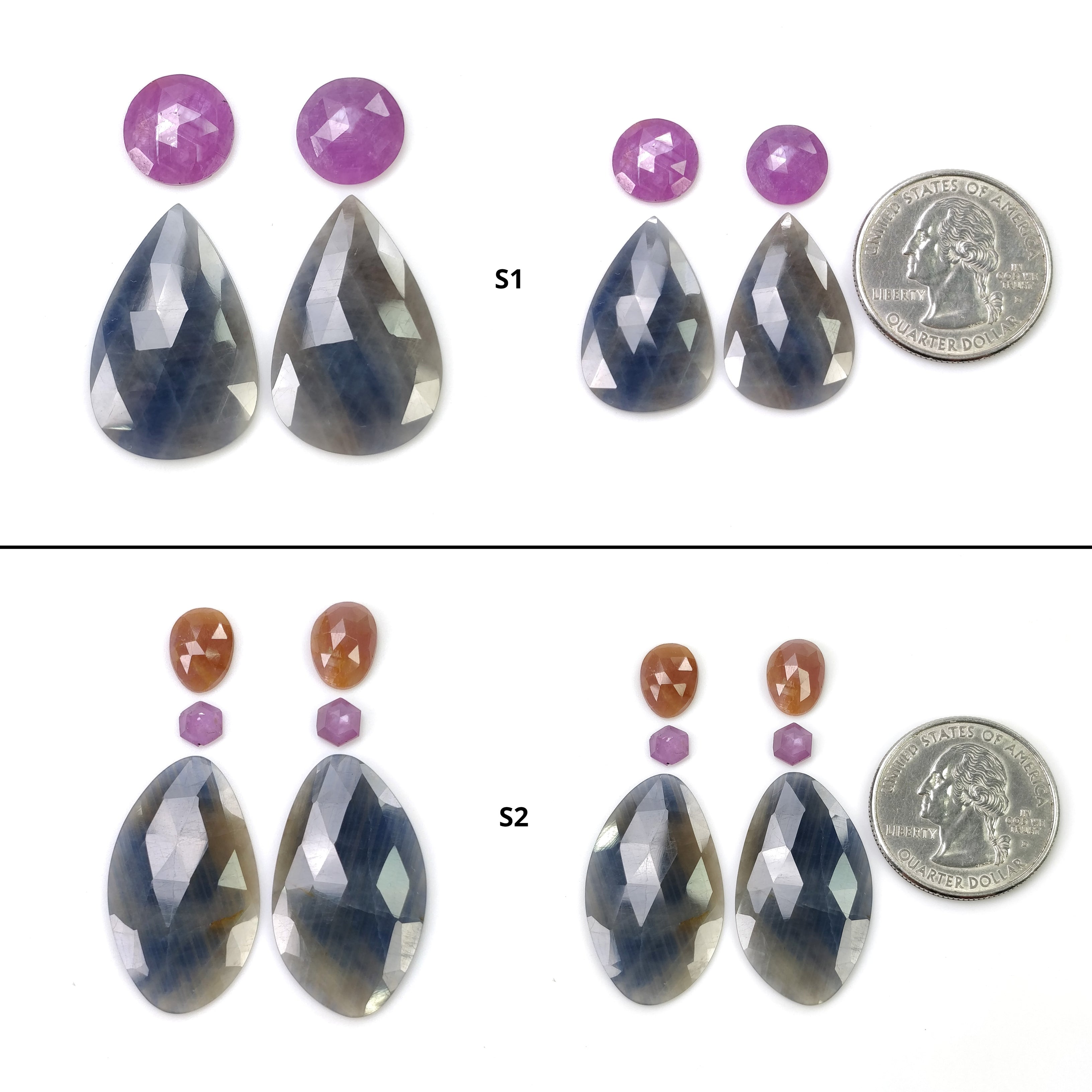 Natural Untreated Unheated Bi-Color Sapphire Gemstones – Rose Cut Pear & Uneven Shape (4pcs & 6pcs) for Jewelry Making, Engagement Rings & Unique Gifts