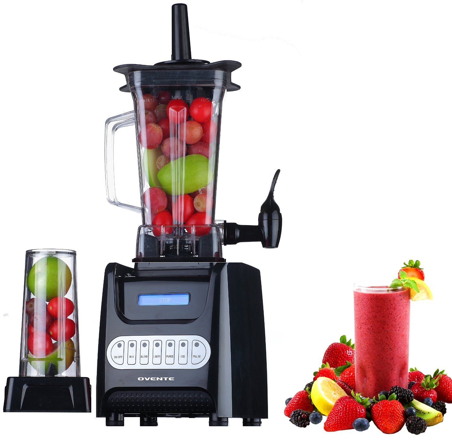 Ovente 1000W Countertop Blender with Dispenser - 1.5L BPA-Free Jar, Stainless Steel Blade - Powerful Electric Mixer for Smoothies, Protein Shakes, Juices & Meal Prep - Easy Clean, Portable Design - Perfect for Home Kitchen, Gym & Office (Black, Model BLH1000B)