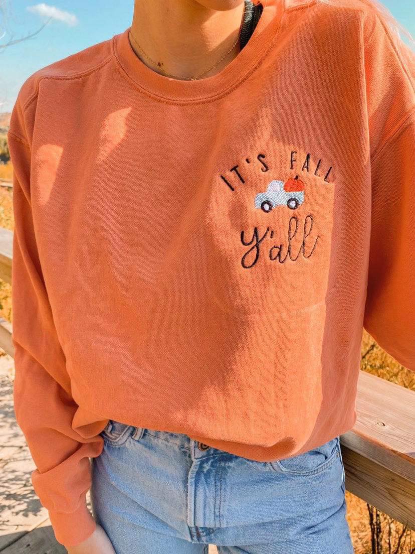 Fall Y'all Embroidered Sweatshirt for Women - Cozy Fleece Pullover in Two Colors (Black & Cream) - Perfect for Autumn Outfits, Pumpkin Patch Visits & Cozy Season