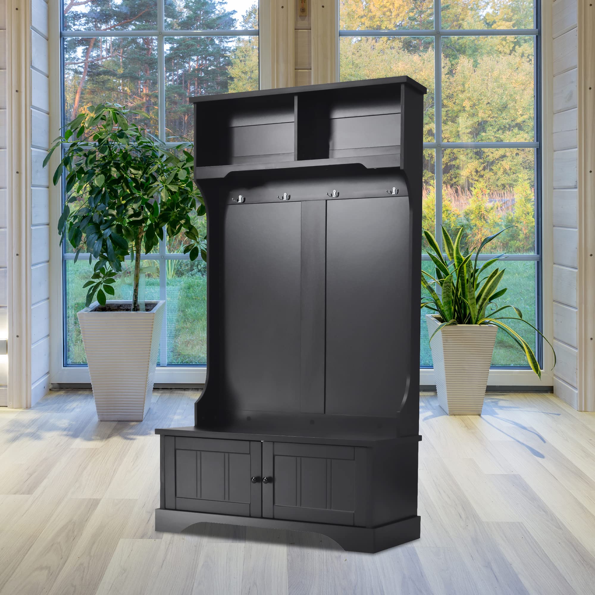 Hall Tree with 4 Hooks & Storage Bench - Wooden Entryway Organizer with 2 Open Shelves, 4-in-1 Coat Rack for Hallway - Perfect for Small Spaces, Mudroom & Home Entry Organization (Black)