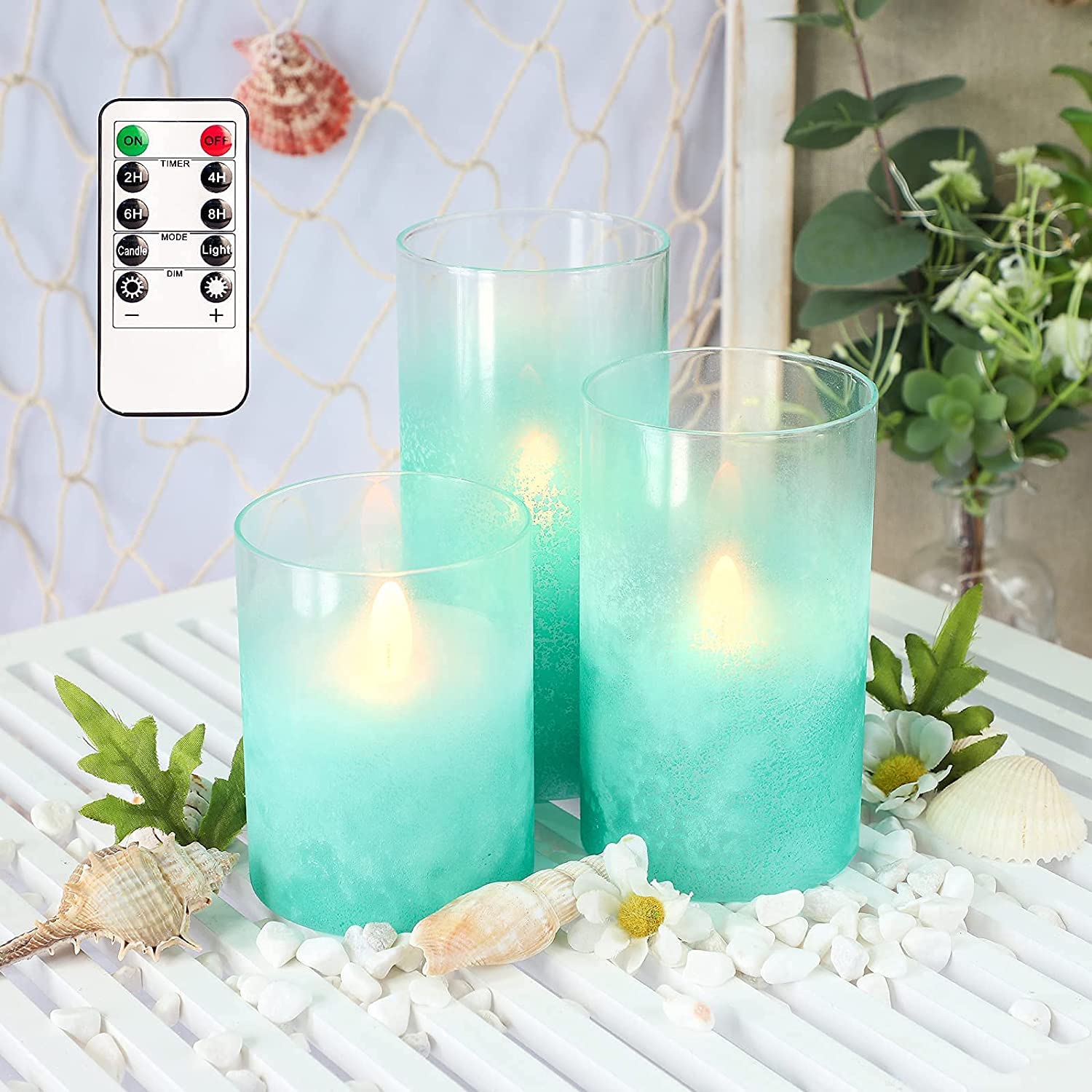 Flameless LED Pillar Candles - Battery Operated Teal Candles for Home Decor & Nautical Parties
