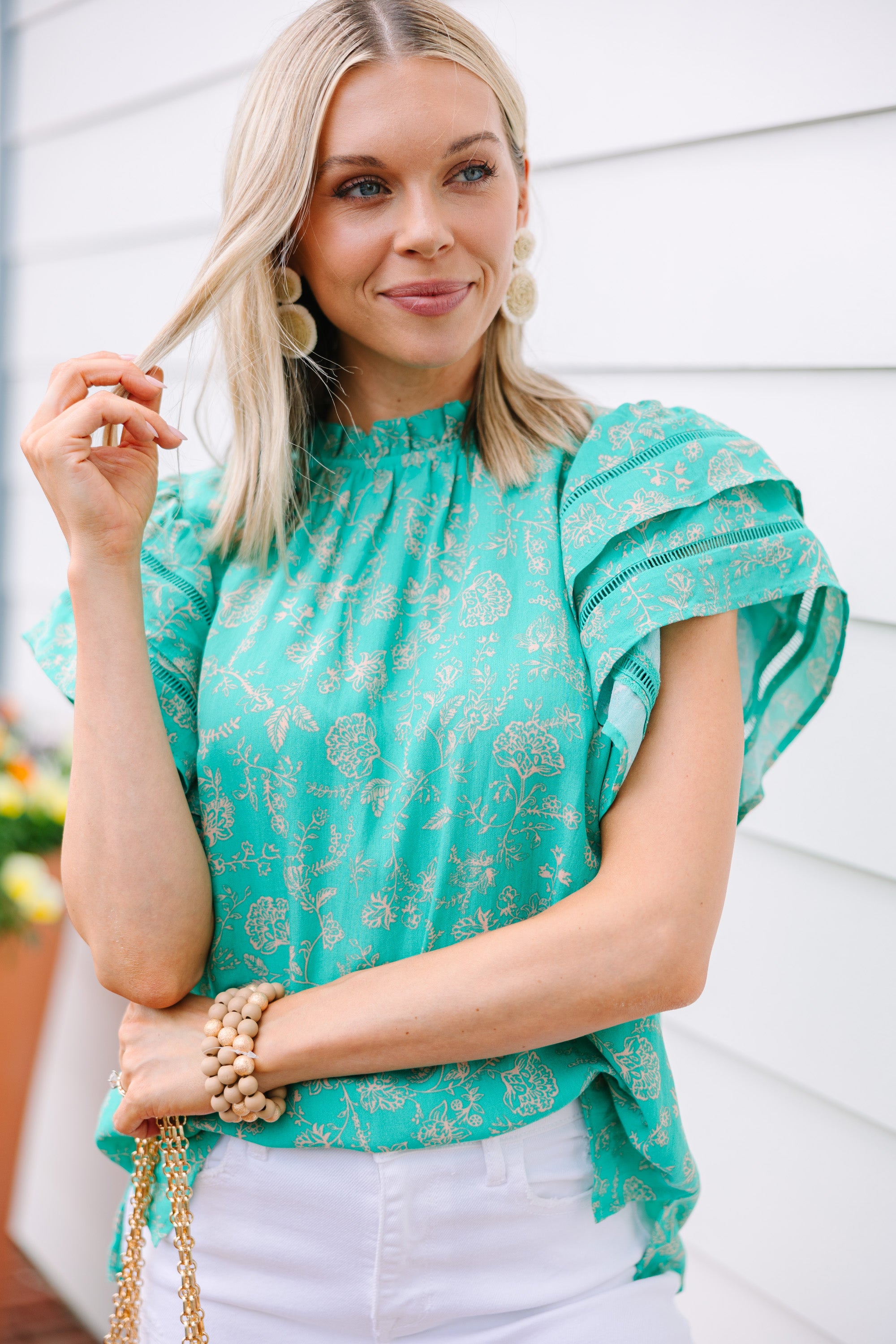 Turquoise Blue Floral Blouse for Women - Elegant Boho Chic Top with V-Neck & Flowy Sleeves - Perfect for Summer Outfits, Beach Vacations & Date Nights