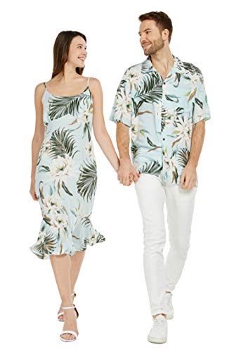 **Couple Matching Hawaiian Luau Shirt & Mermaid Dress Set - Light Blue Wispy Cereus Print - Men's 2XL & Women's L - Perfect for Beach Vacations, Luau Parties, and Tropical Getaways**