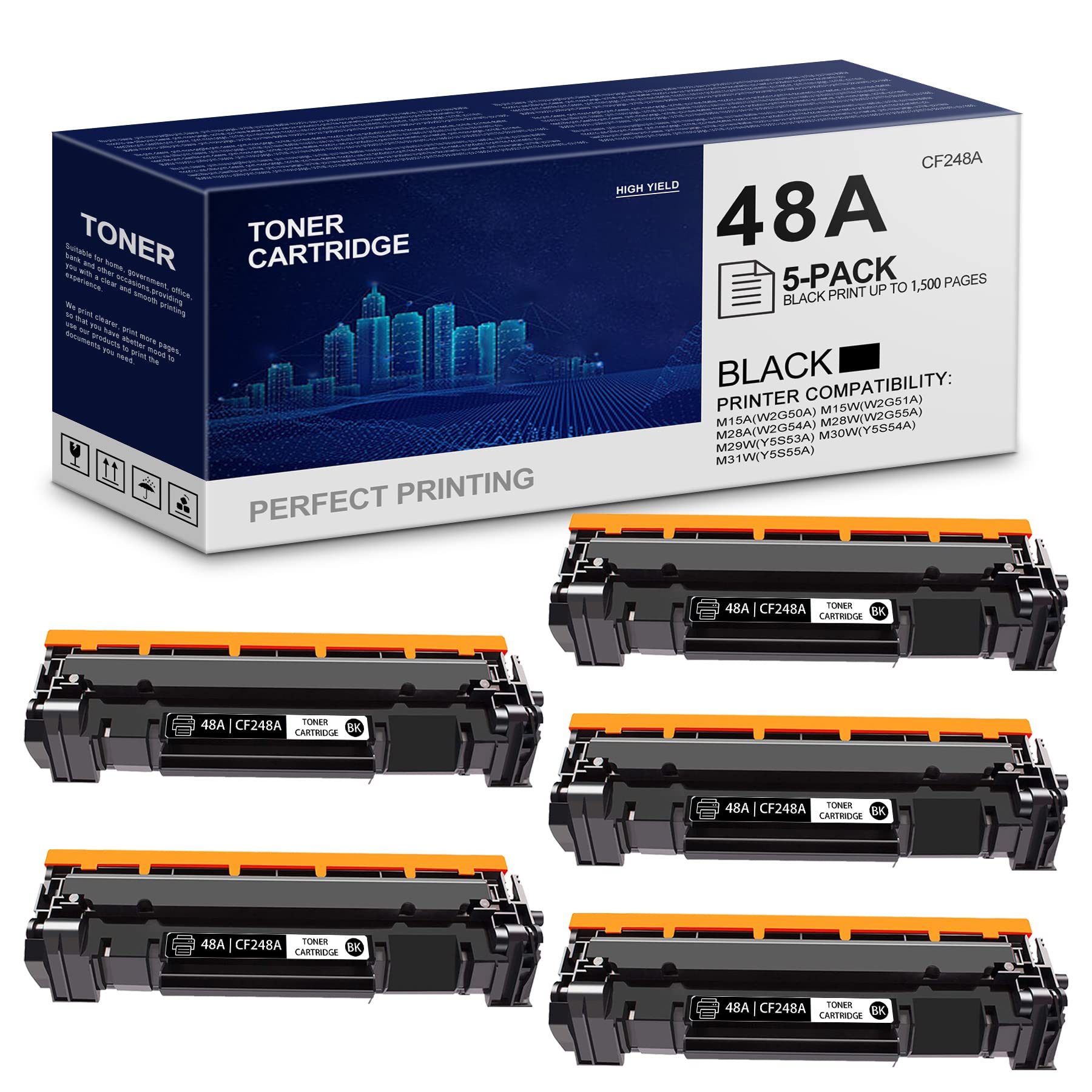5-Pack Black Compatible 48A/CF248A Toner Cartridge Replacement for HP M15a M15w M28a M28w M29w M30w M31w Printers - High Yield Printing for Home Office & Small Business Use