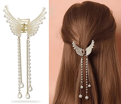Korean Style Pearl Metal Hair Claw Clip - Golden Butterfly Hair Clutcher with Tassel for Women & Girls | Elegant Hair Accessories for Parties, Weddings & Daily Styling | WHC-007