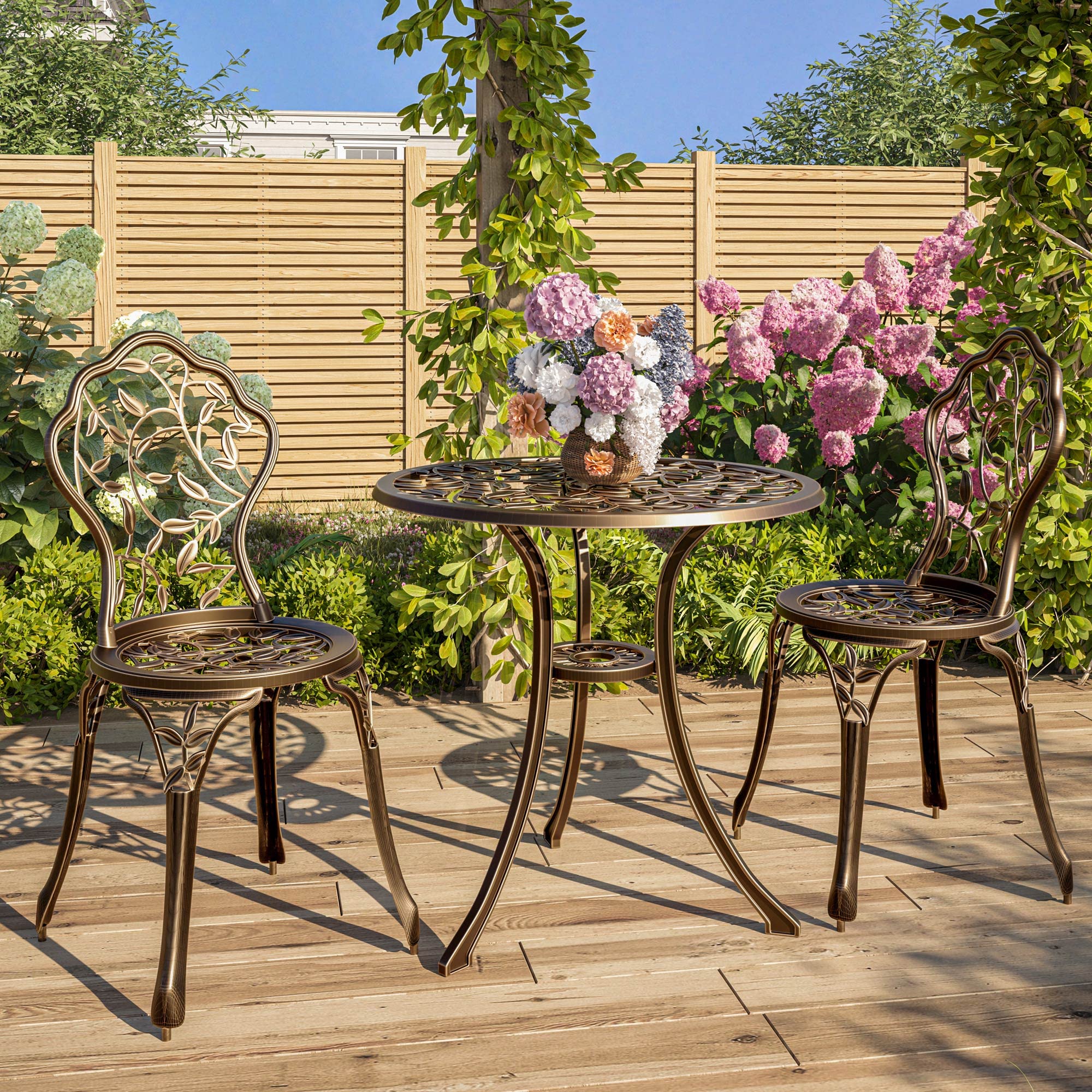 BELLEZE 3-Piece Outdoor Bistro Set - Aluminum Patio Table & Chairs with Weather-Resistant Leaf Design for Garden, Balcony, Backyard | Perfect for Coffee Mornings, Relaxing Evenings & Outdoor Dining