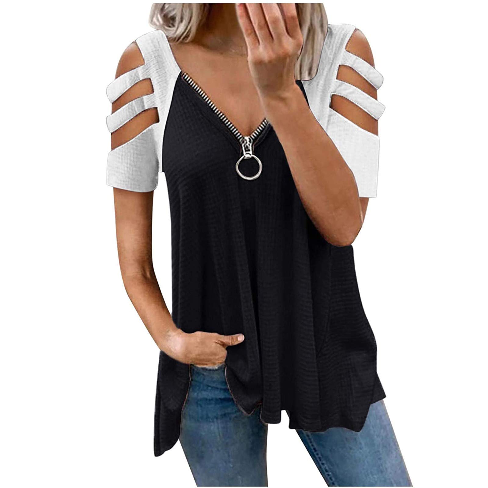 Fartey Women's Short Sleeve Cold Shoulder Tops | Color Block Zipper V-Neck T-Shirts | Lightweight Summer Blouses | Casual Outfit & Beach Wear
