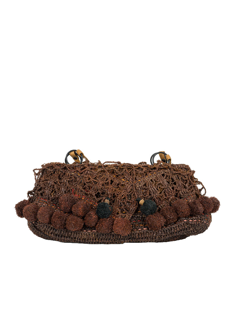 Jamin Puech Straw Borsina Handbag with Pom Pom - Brown Woven Crossbody Bag for Women | Perfect for Beach, Travel and Everyday Use