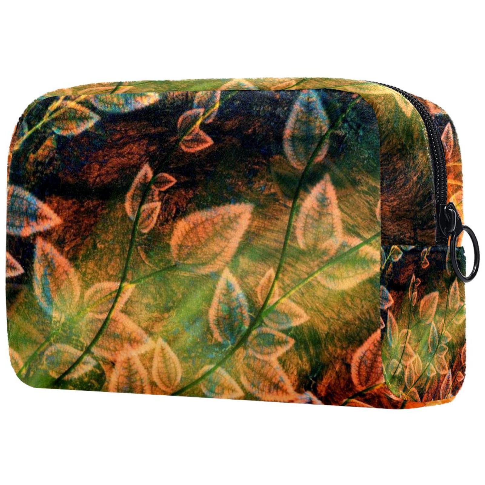 Waterproof Leaves Print Makeup Bag for Travel - Portable Cosmetic Organizer with Brush Holder, Storage Pouch for Makeup Brushes & Beauty Accessories | Perfect for Travel, Gym, and Daily Use