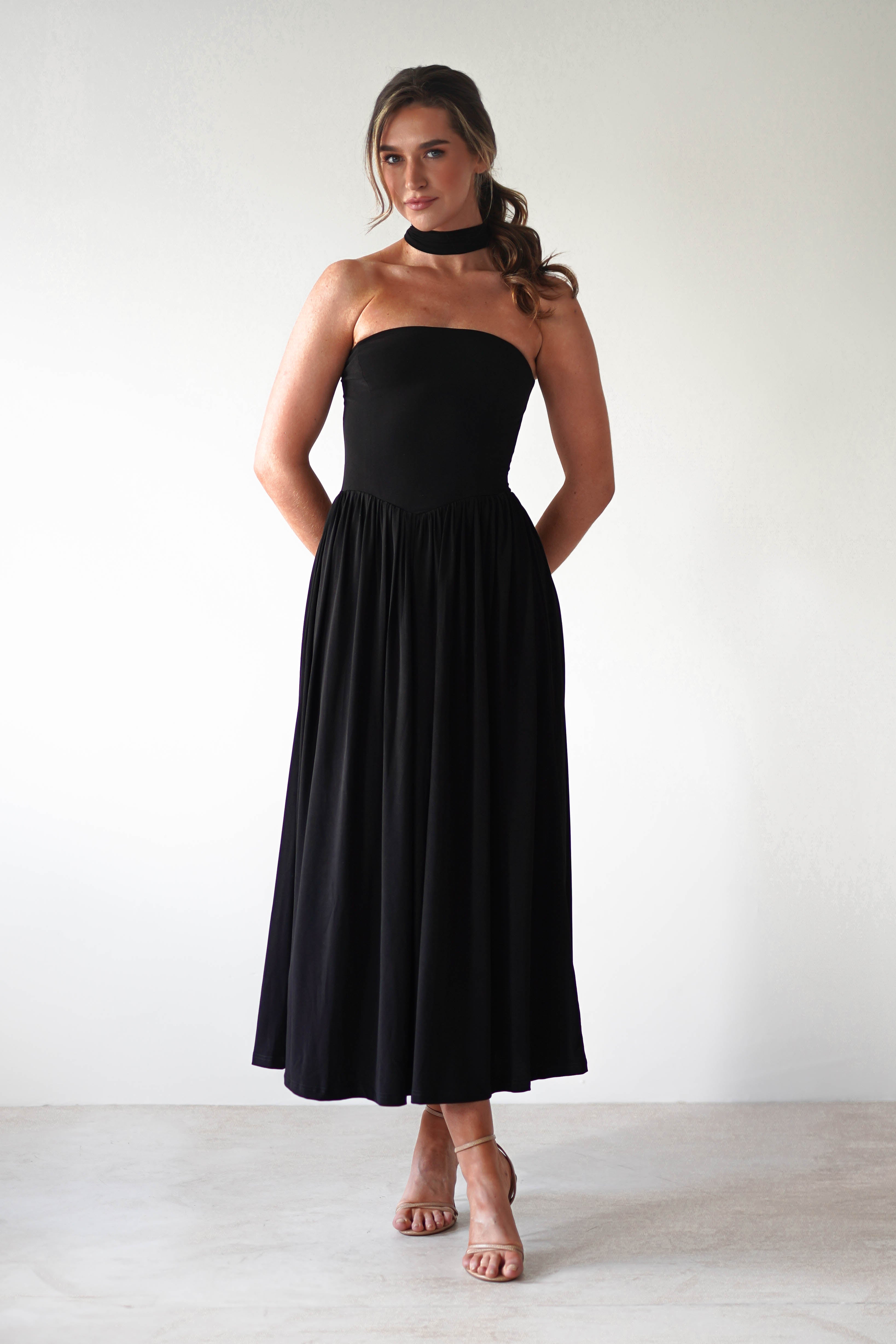 Portugal Midaxi Dress - Elegant Black Midi Dress for Women | Perfect for Casual Outings, Date Nights & Summer Vacations