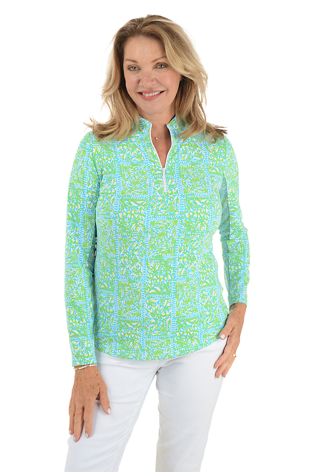 UPF 50+ Turquoise Josie Tile Sun Shirt for Women - Lightweight UV Protection Beach Cover-Up, Swimwear Cover, Summer Outdoor Activities