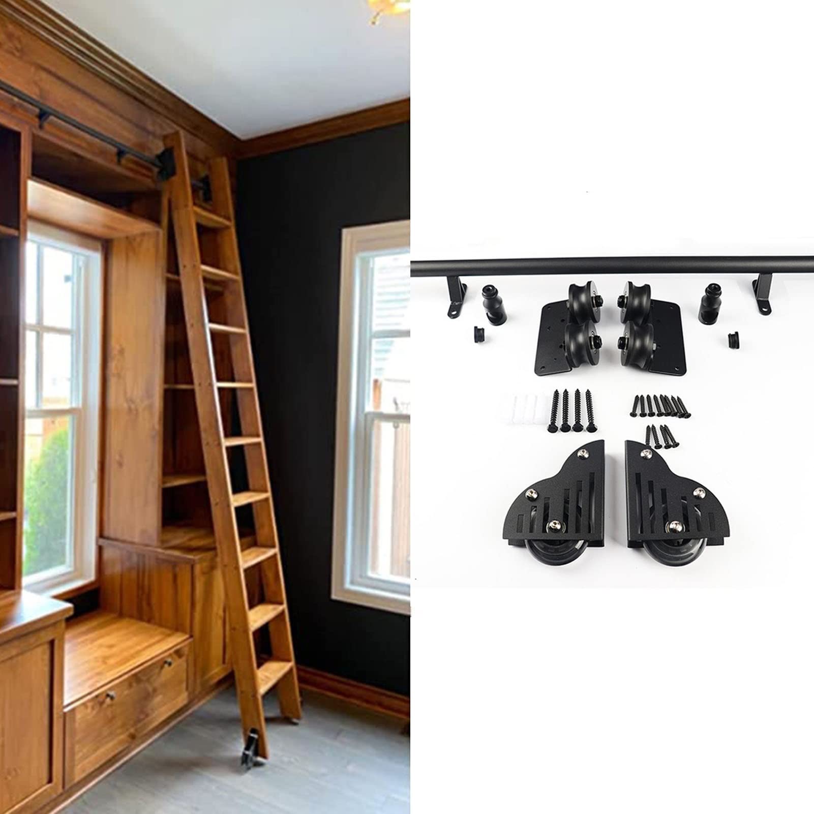 Black Round Tube Sliding Rails for Rolling Library Ladder - Adjustable from 3.3ft to 20ft - Heavy Duty Rolling Ladder Hardware (Ladder Not Included) - Perfect for Home Libraries, Loft Spaces & Industrial Shelving Access