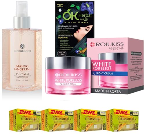 **Mango Tangerine Body Mist 170ml & Rojukiss Poreless Night Cream 45ml - Couple Set for Hydrating, Firming & Nourishing Skin with Collagen | Fast DHL Shipping by Beauty Good Shops | Perfect for Date Night & Self-Care Gifts**