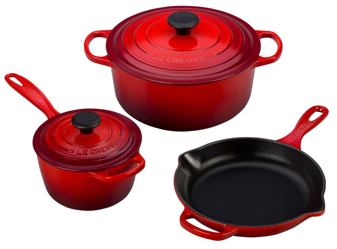 Le Creuset 5-Piece Signature Cast Iron Cookware Set in Cherry Red - Perfect for Baking, Roasting & Serving | Dutch Oven, Skillet & More