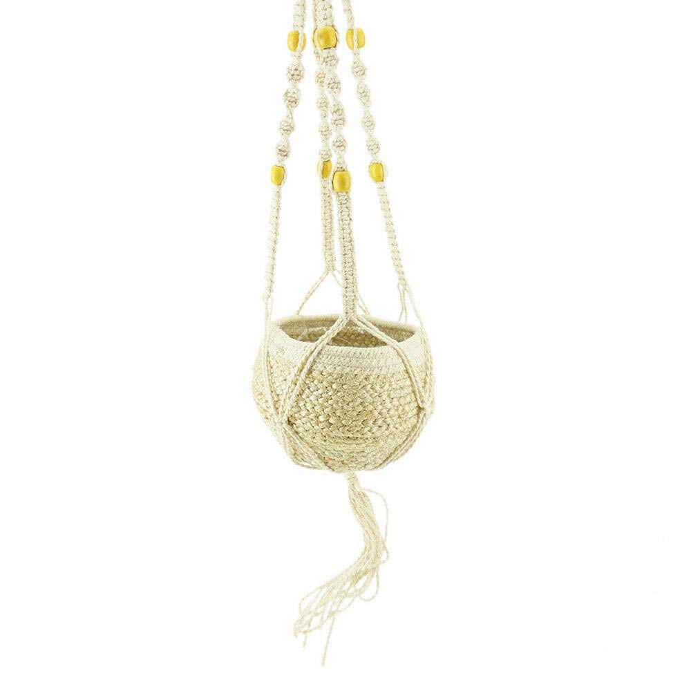 37-Inch Cotton Plant Hanger with Yellow Beads - Ivory Indoor Hanging Planter for Live Plants | Perfect for Boho Home Decor, Living Room, Bedroom & Balcony Plant Display