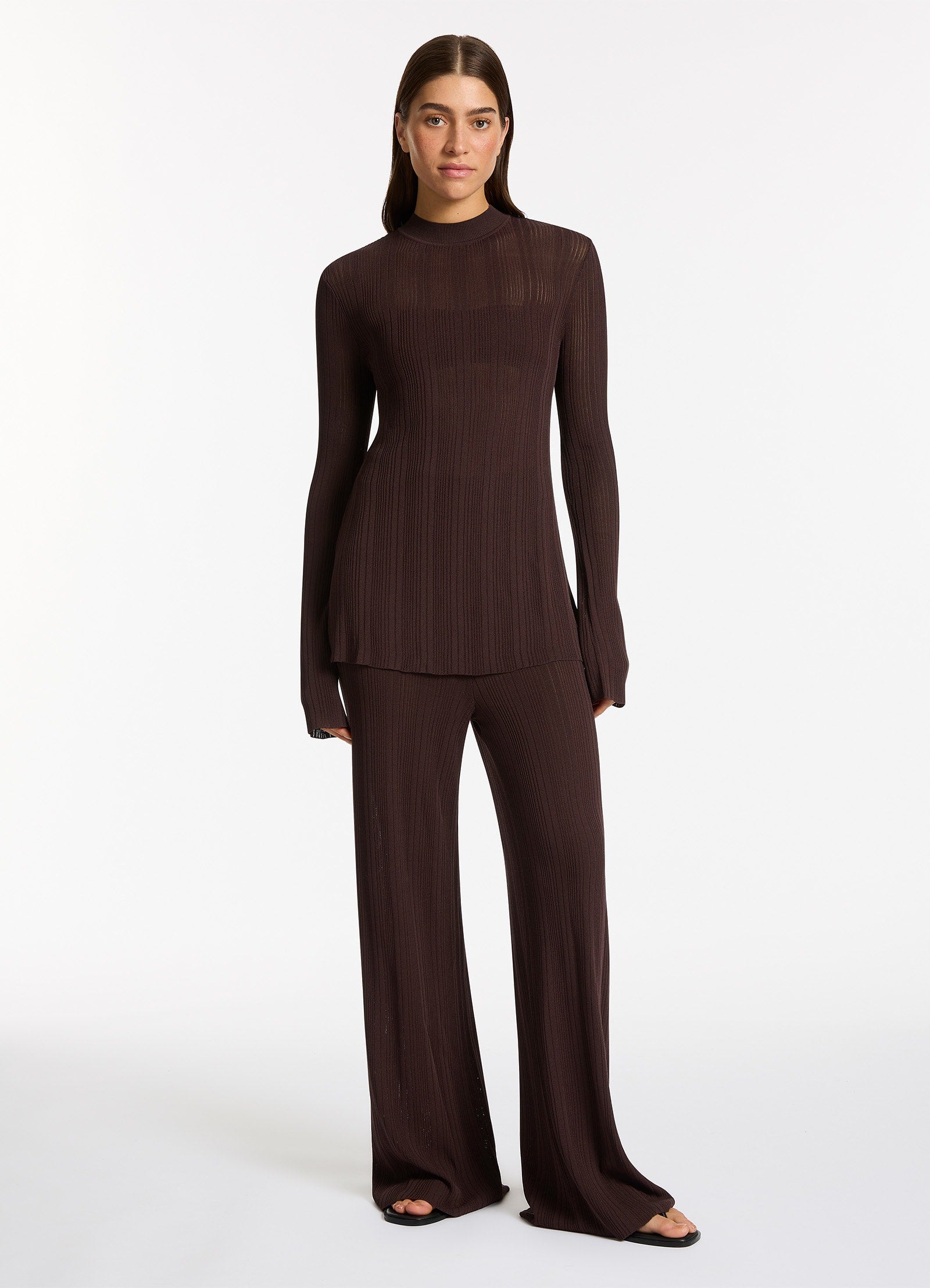 Jetset Knit Long Sleeve Top for Women - Soft Stretch Comfortable Chocolate Brown Shirt - Perfect for Work, Travel & Casual Outfits