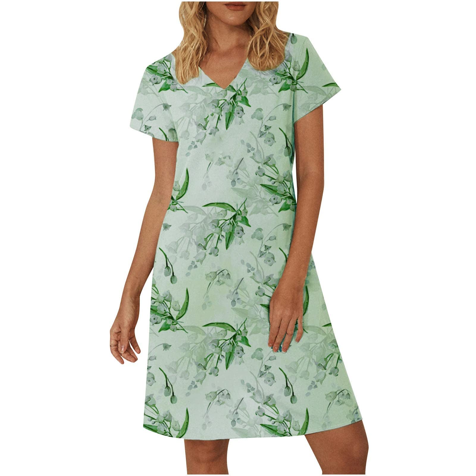 Women's Floral Print Chiffon Sundress - Round Neck Short Sleeve High Waist Pocket Summer Dress - Loose Comfortable Beach Dress for Vacation, Party & Casual Wear