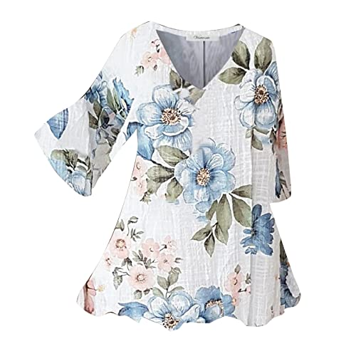 Women's Plus Size Floral Printed V-Neck Loose Casual T-Shirt - Soft Breathable Sports Blouse for Fall (White, Small) | Perfect for Workout, Yoga, and Everyday Wear