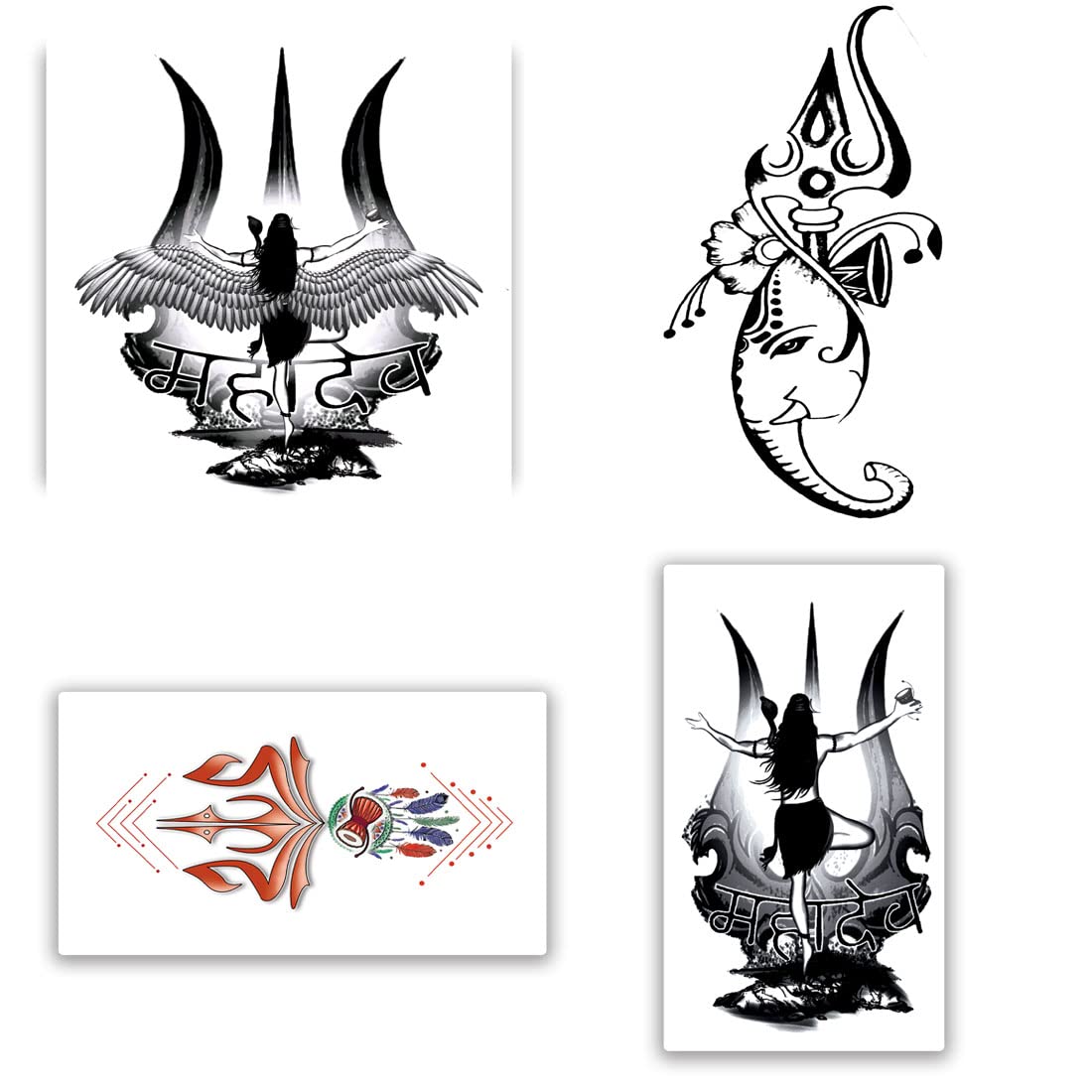 Om Trishul Lord Shiva Temporary Tattoos for Men & Women - Pack of 4 Waterproof Body Art Stickers (2x4 Inch) - Perfect for Festivals, Yoga, Spiritual Events & Cosplay